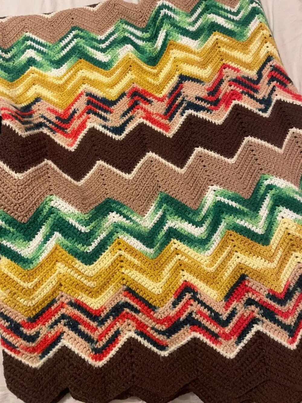 Handmade Vintage 70s Style Crochet Chevron Blanket - Boho Retro Earth Tones
